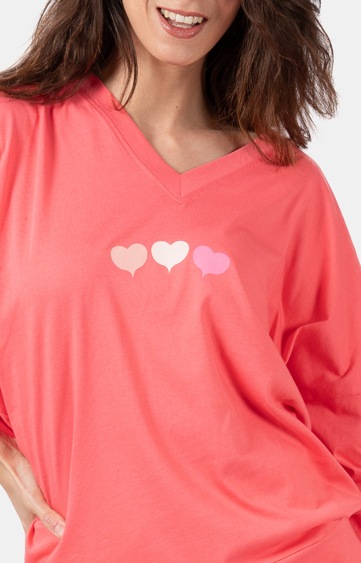 Pyjama Femme long col V oversize - 100% coton - COEURS