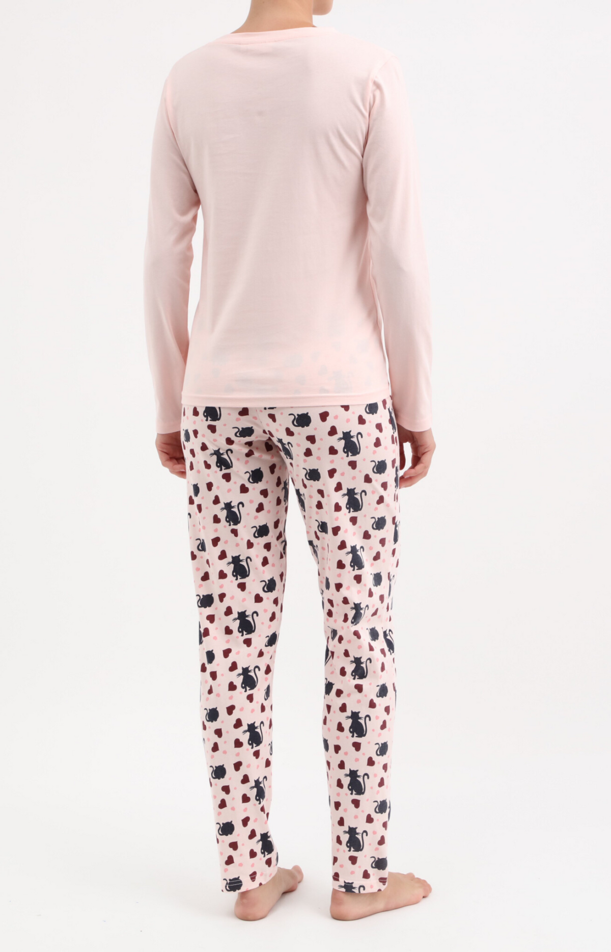 Pyjama Femme long col rond 100% coton- MIAOU - Taille 38, Couleur Rose
