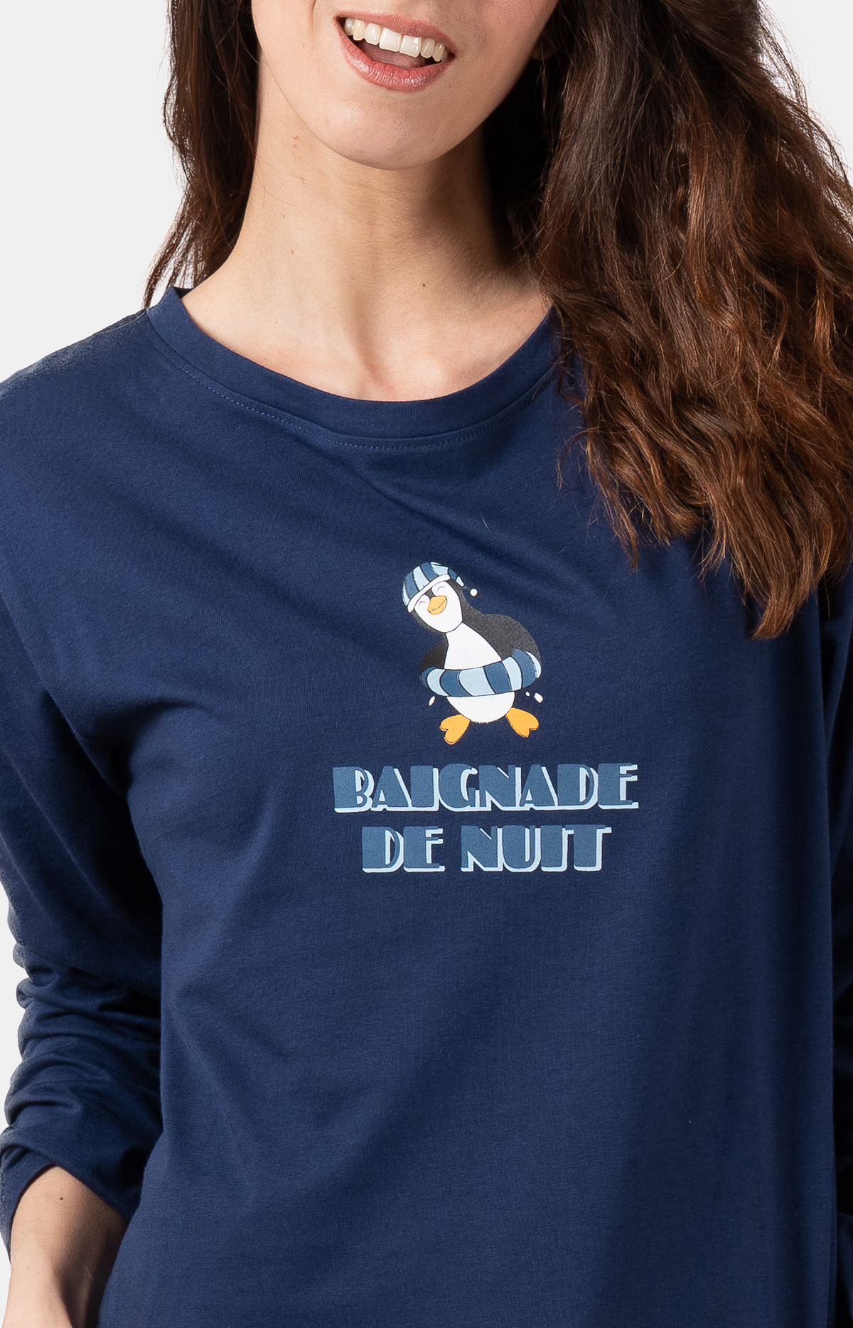 Pyjama Femme long col rond 100% coton- PING - Taille 44, Couleur Marine