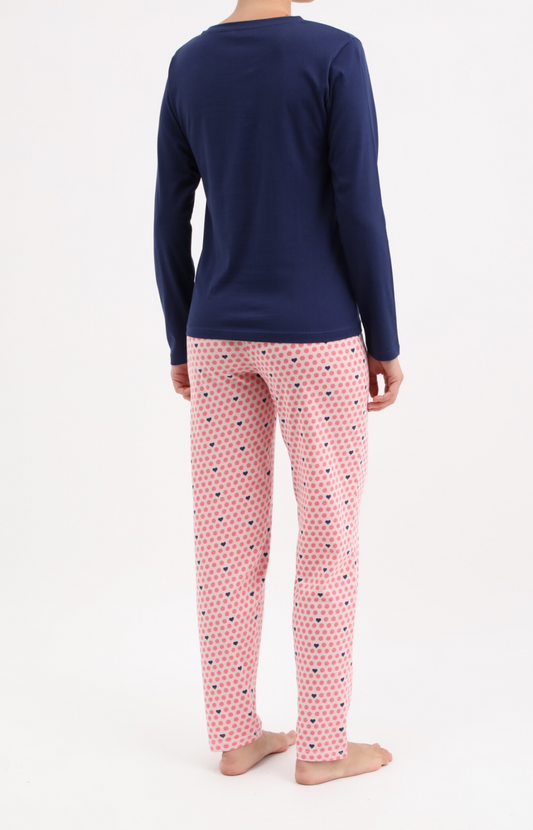 Pyjama Femme long col rond 100% coton- POIS - Taille 38, Couleur Rose