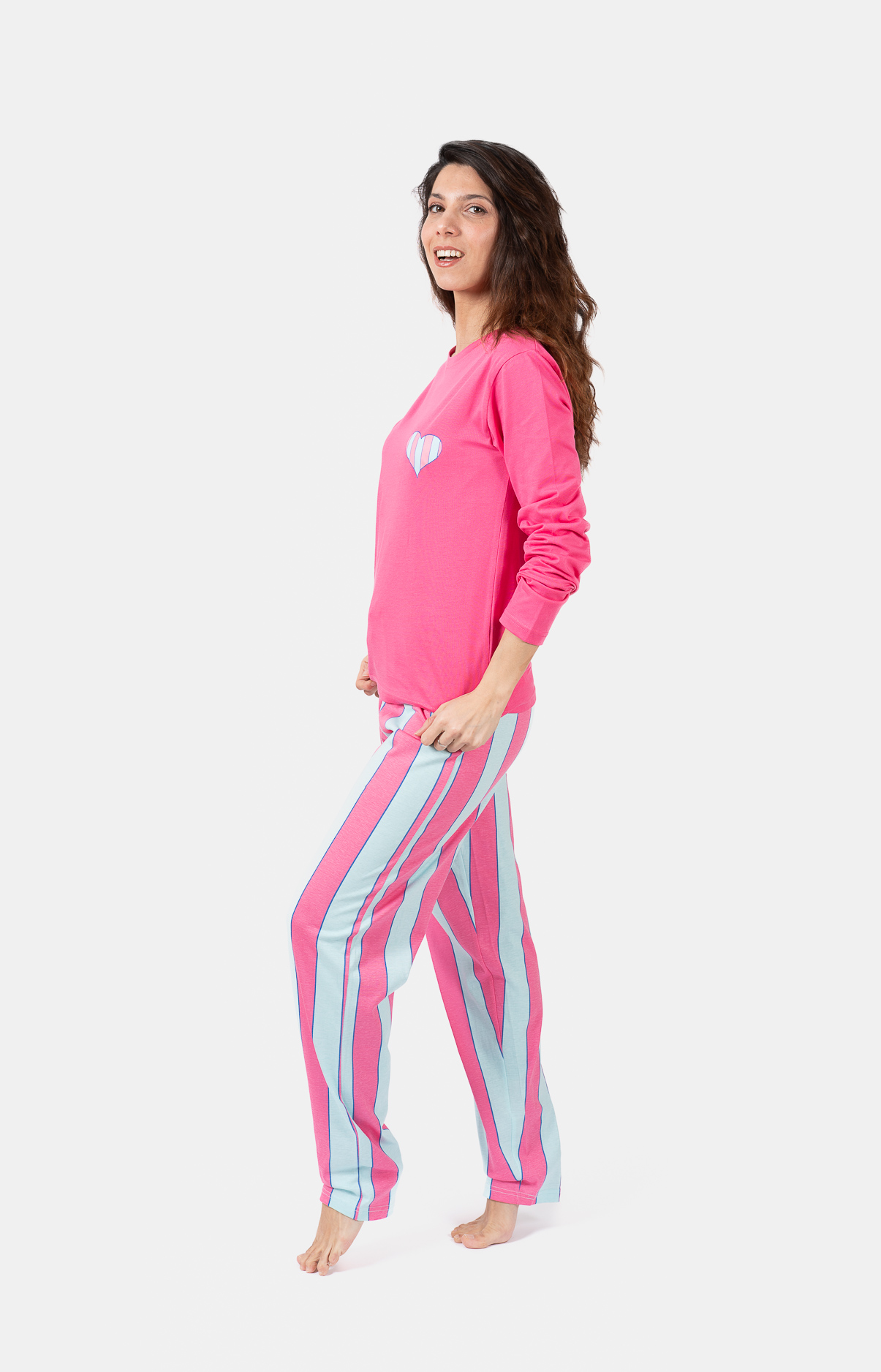 Pyjama Femme long col rond 100% coton- RAYURE