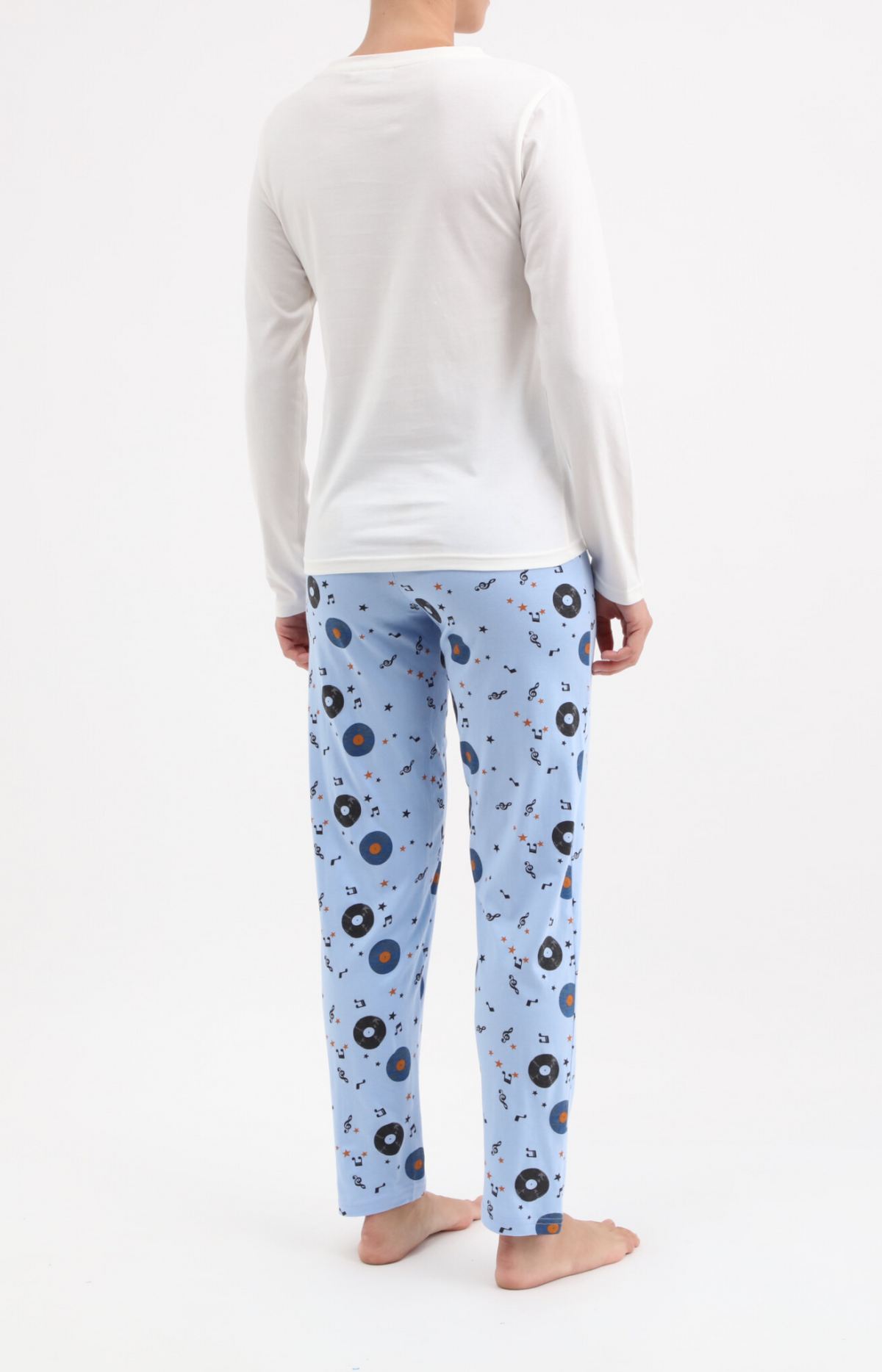 Pyjama Femme long col rond 100% coton- ROCK - Taille 38, Couleur Ciel
