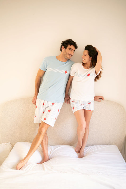 Pack cadeau couple Lapin coeur : 2 Pyjashorts été + 2 paires de chaussettes offertes