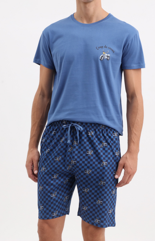 Pyjacourt homme col rond - 100% coton - MOTO - Taille S, Couleur Bleu