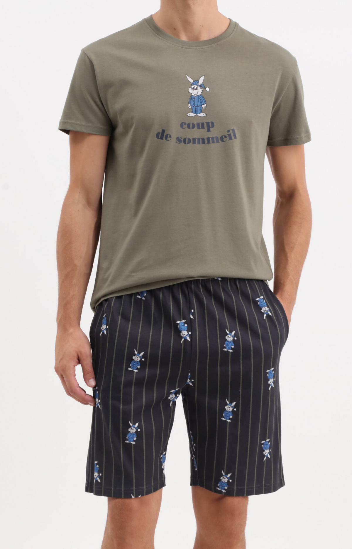 Pyjacourt homme col rond - 100% coton - NIGHT - Taille S, Couleur Kaki