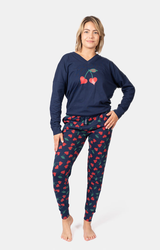 Pyjama long col V oversize - CHERRY