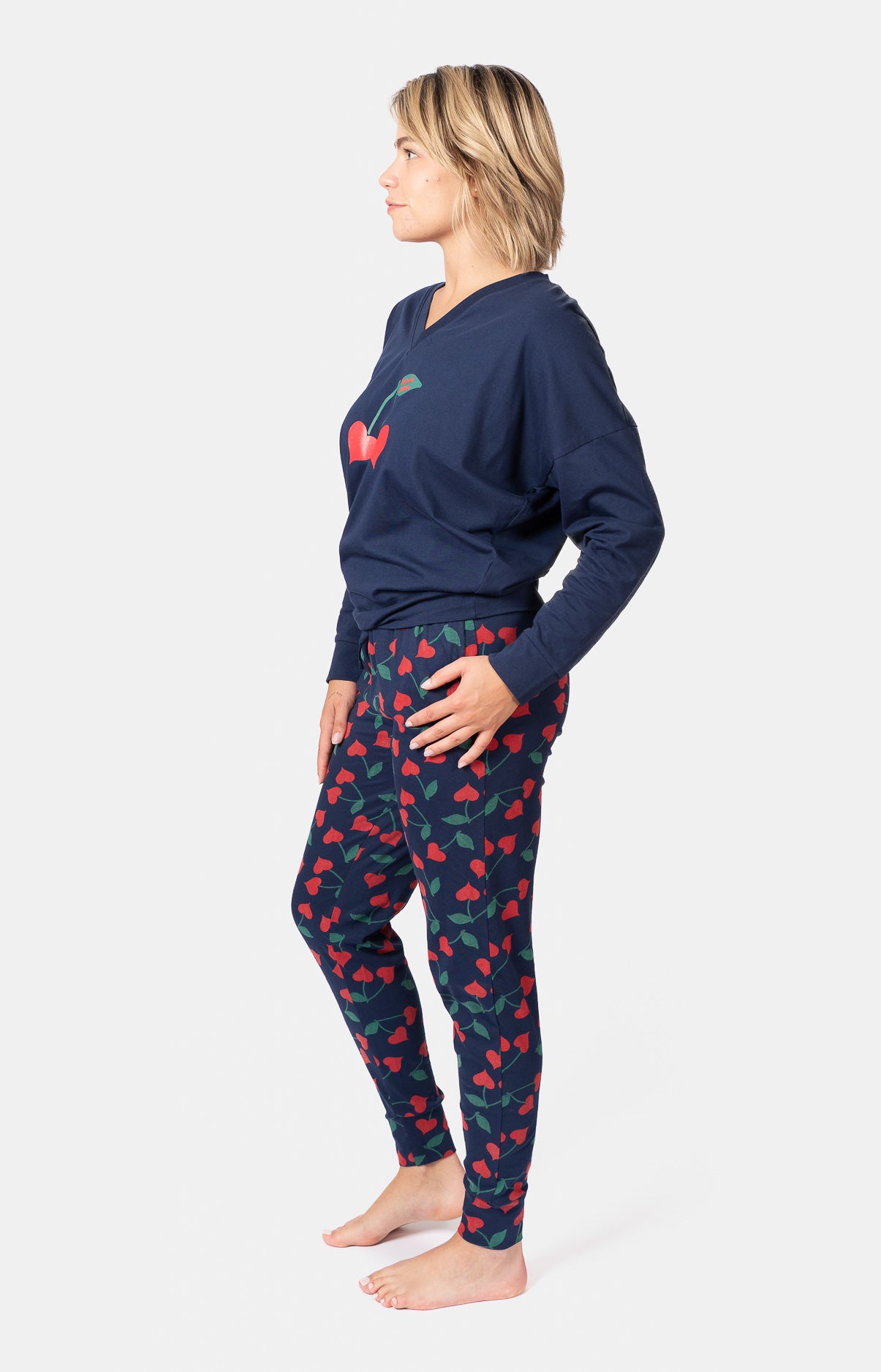 Pyjama long col V oversize - CHERRY
