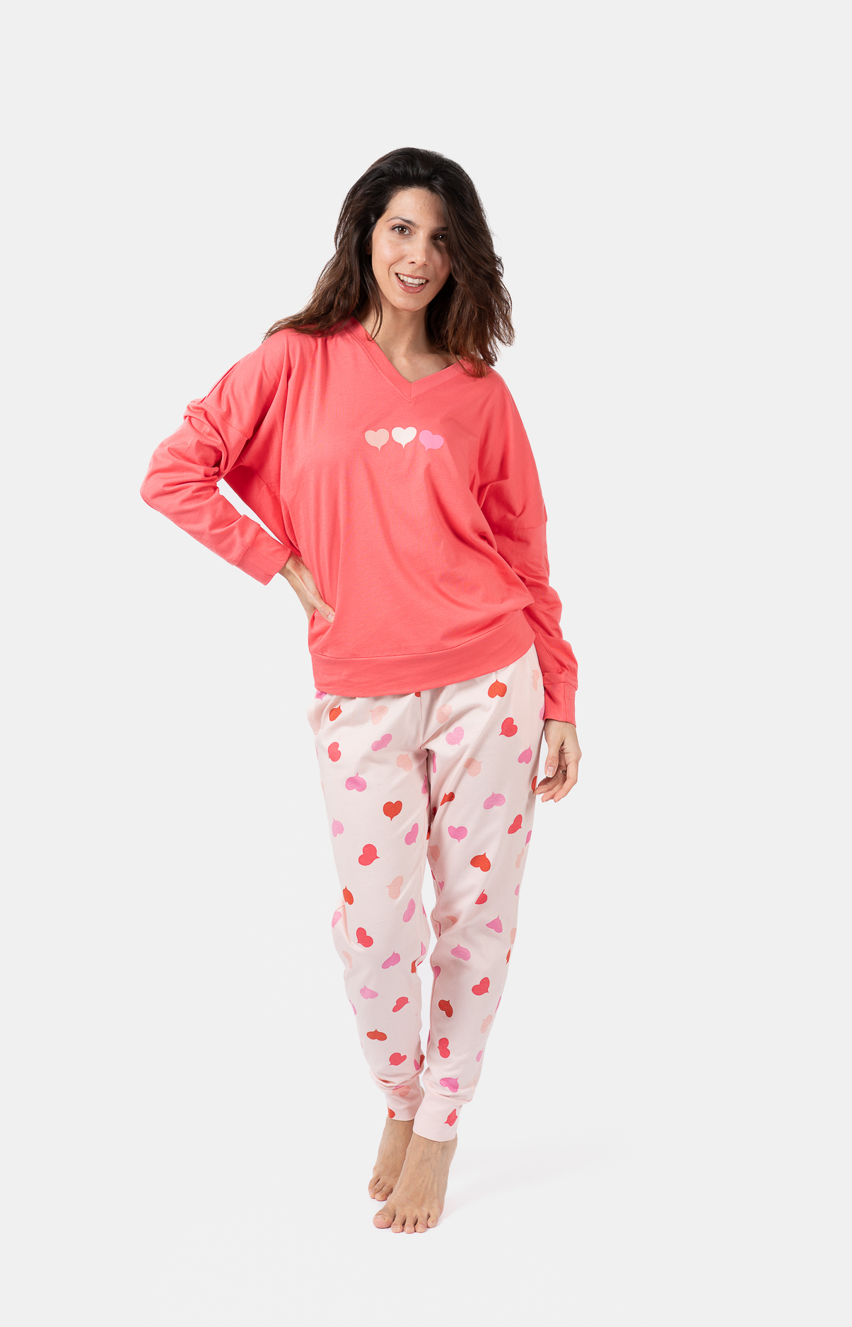 Pyjama Femme long col V oversize - 100% coton - COEURS