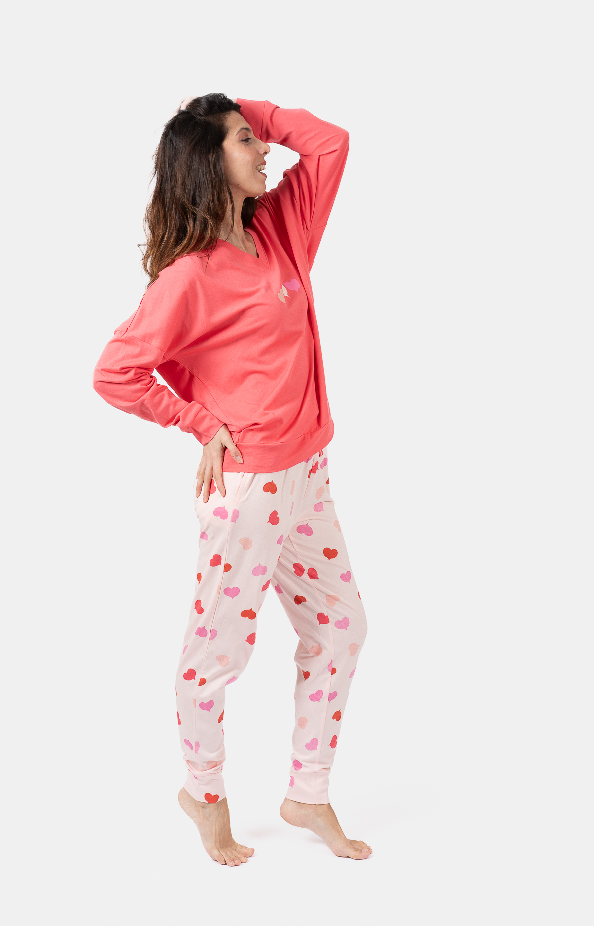 Pyjama Femme long col V oversize - 100% coton - COEURS