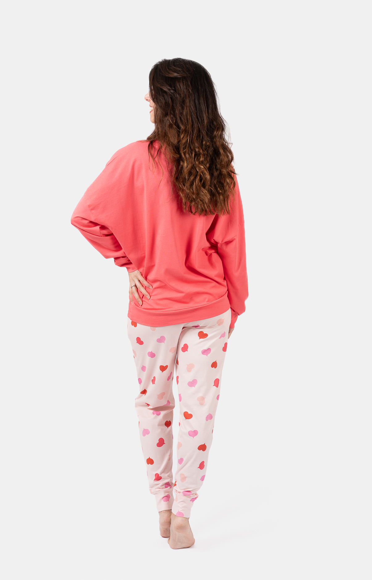 Pyjama Femme long col V oversize - 100% coton - COEURS
