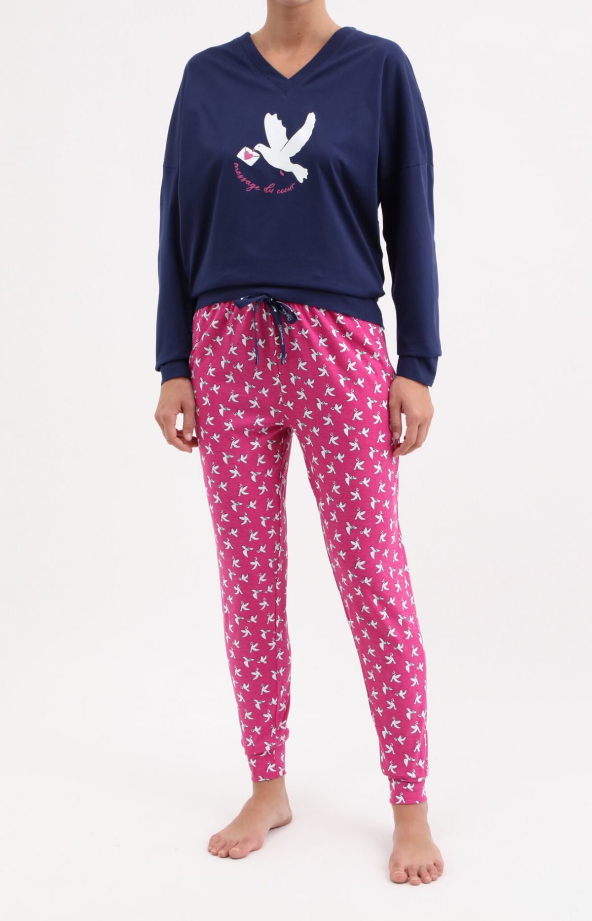 Pyjama femme long col V oversize 100% coton - DOVE - Taille 36, Couleur Fushia
