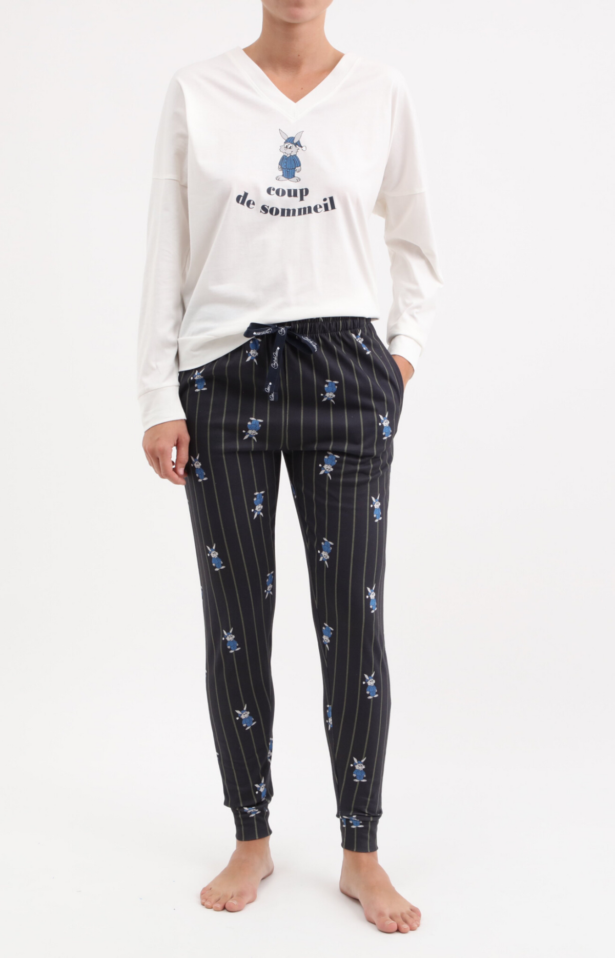 Pyjama femme long col V oversize 100% coton - NIGHT - Taille 36, Couleur Ecru