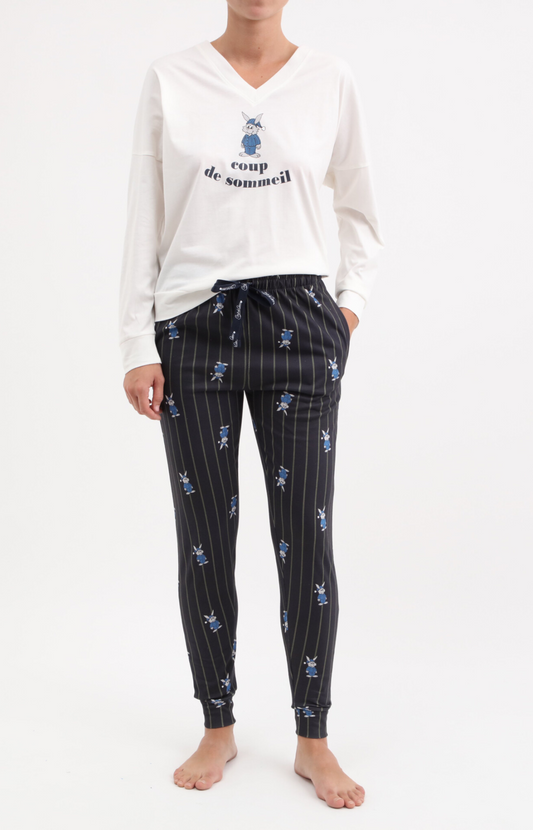 Pyjama femme long col V oversize 100% coton - NIGHT - Taille 36, Couleur Ecru