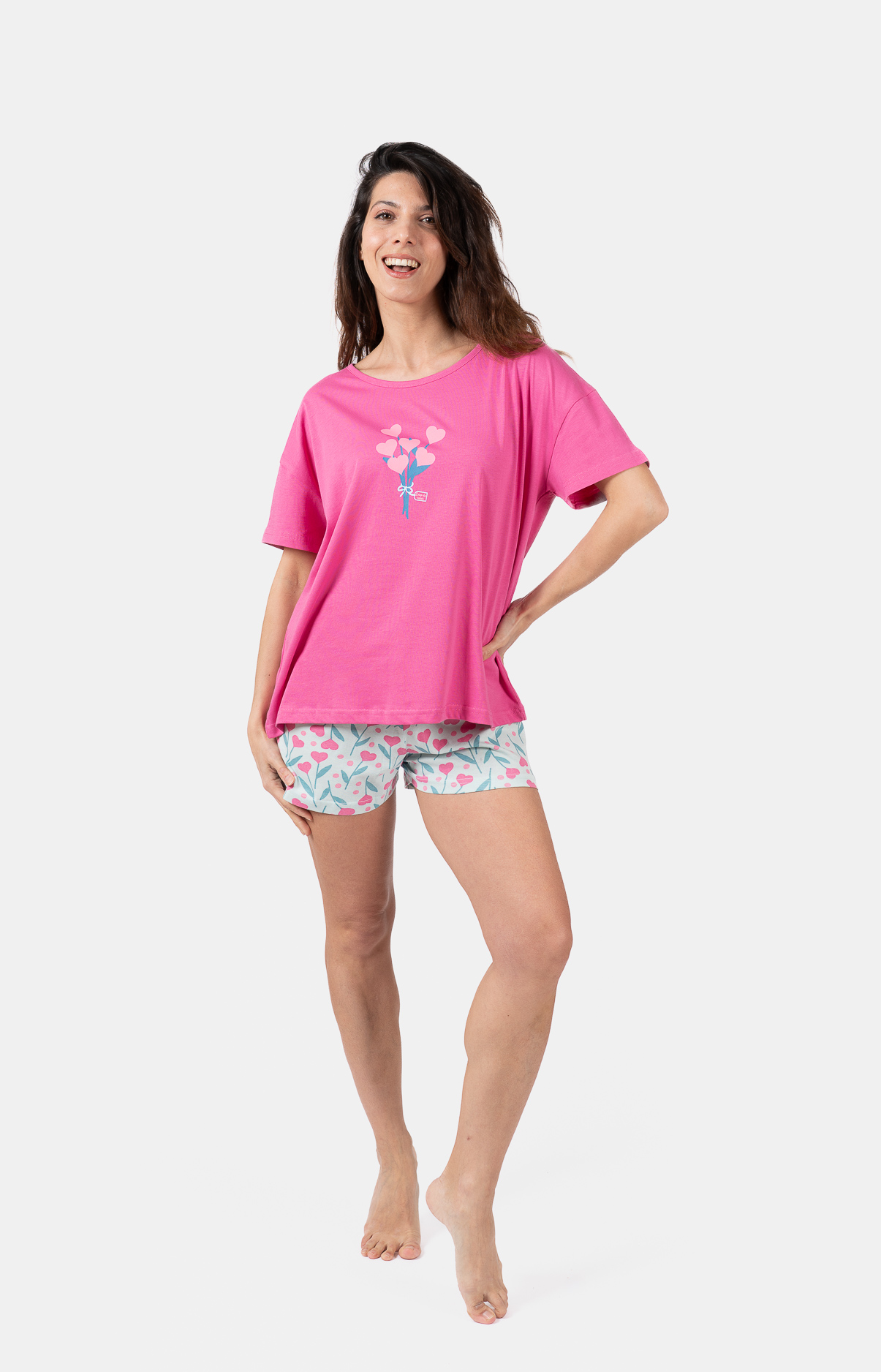 Pyjama femme court et t-shirt col rond oversize - 100% coton - BOUQUET