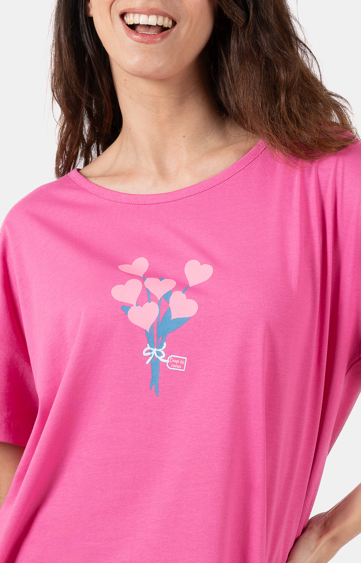 Pyjama femme court et t-shirt col rond oversize - 100% coton - BOUQUET