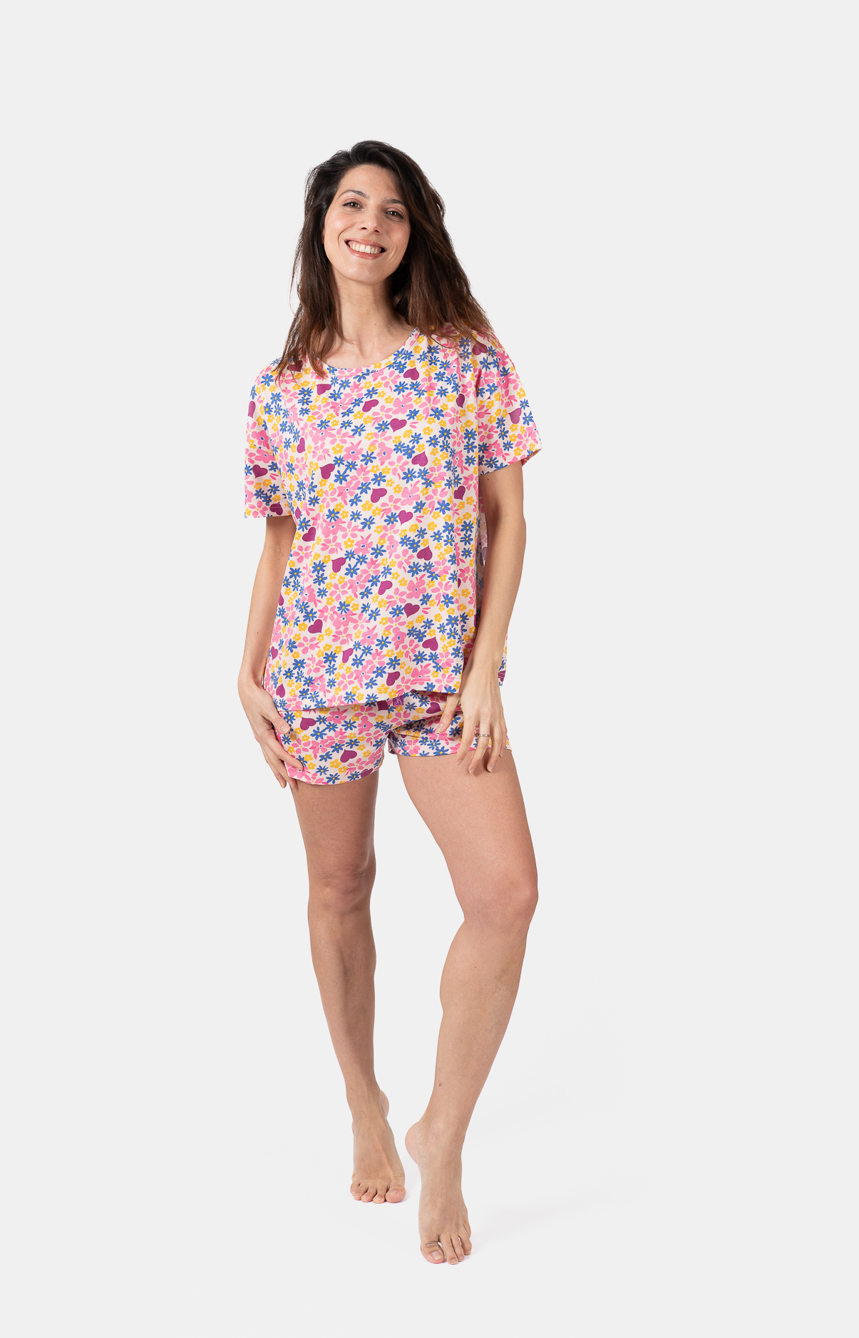 Pyjama femme court et t-shirt col rond oversize - 100% coton - FLEURS