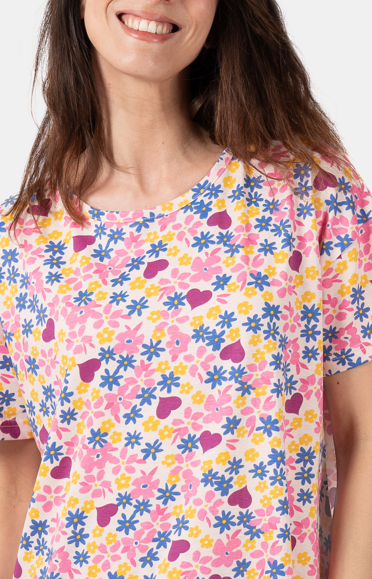 Pyjama femme court et t-shirt col rond oversize - 100% coton - FLEURS