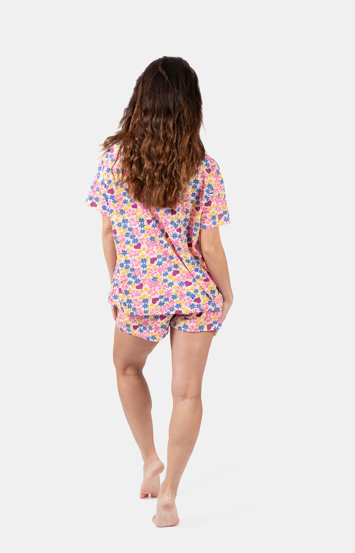 Pyjama femme court et t-shirt col rond oversize - 100% coton - FLEURS