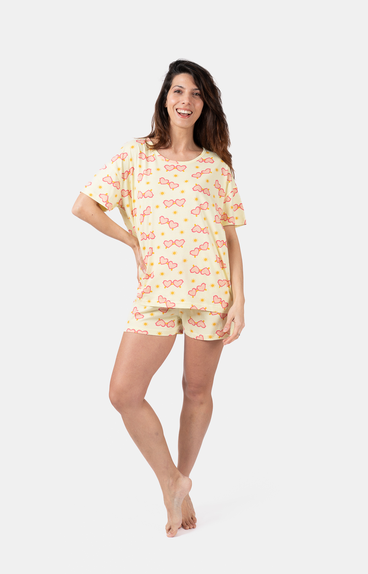 Pyjama femme court et t-shirt col rond oversize - 100% coton - GLASSES