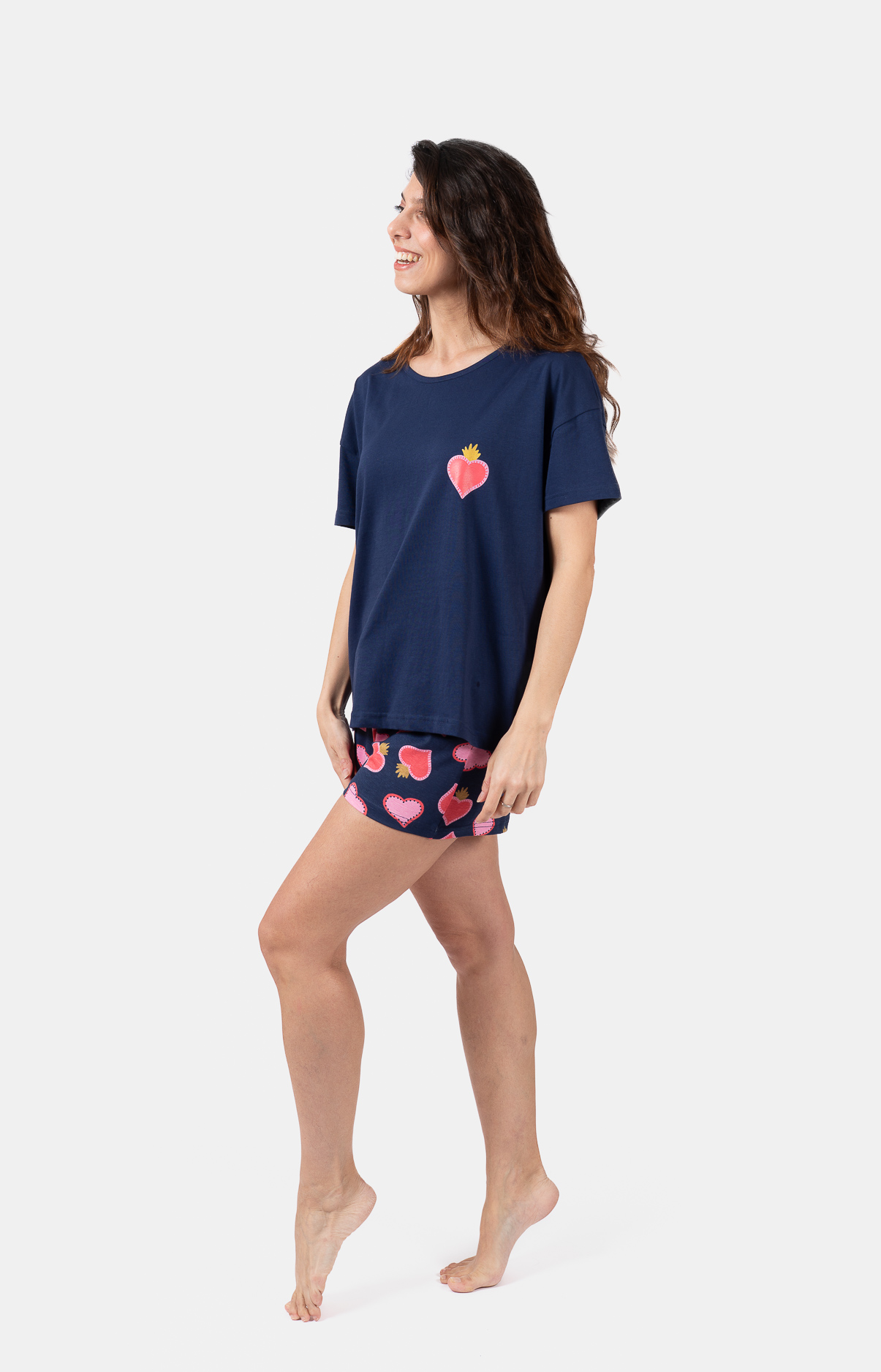 Pyjama femme court et t-shirt col rond oversize - 100% coton - MEXI
