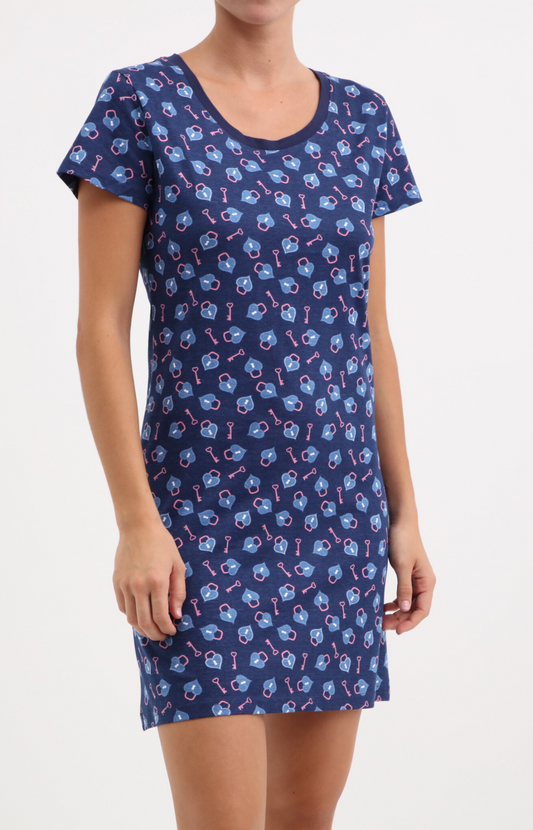 Chemise de nuit femme col rond - 100% coton - KEYS - Taille S, Couleur Marine