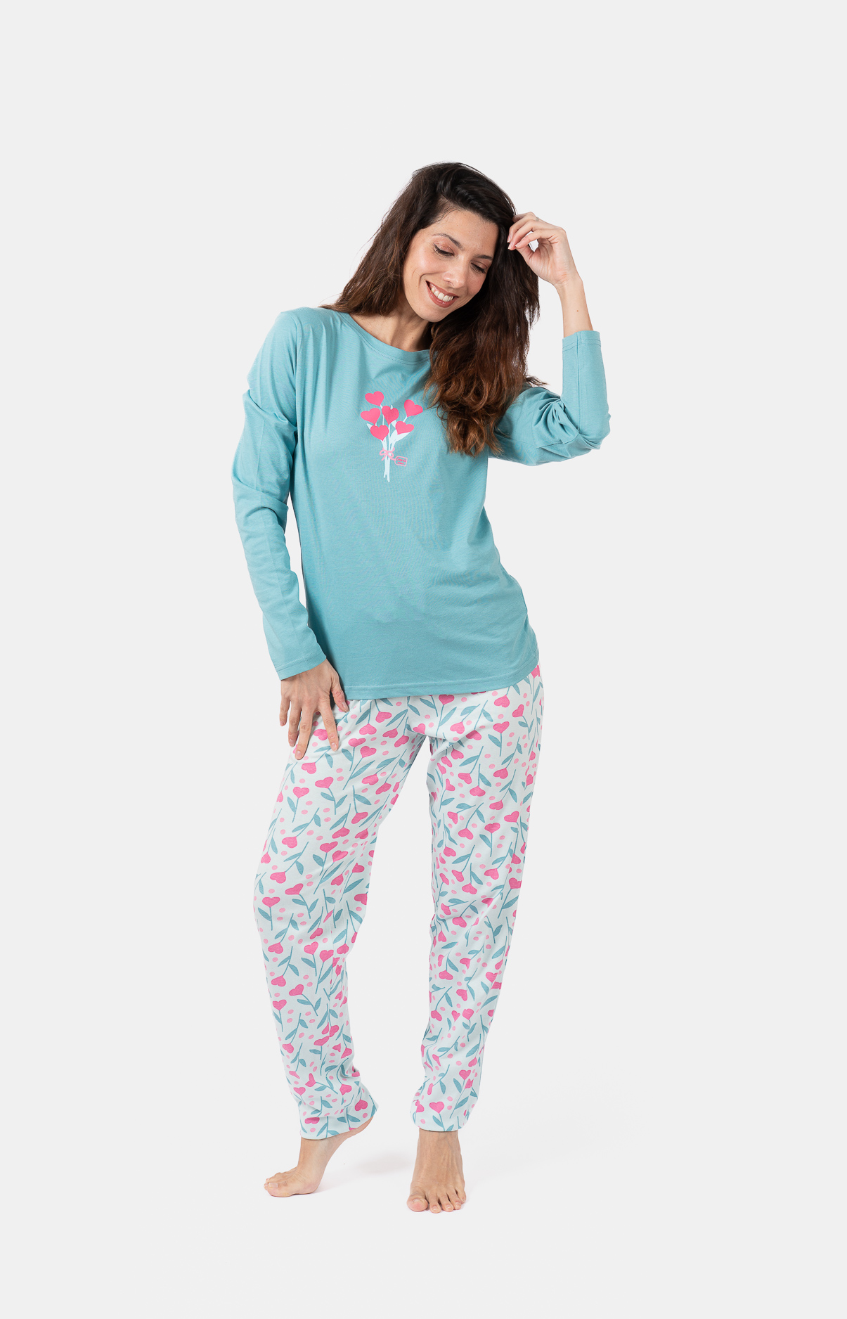 Pyjama Femme long col rond 100% coton- BOUQUET