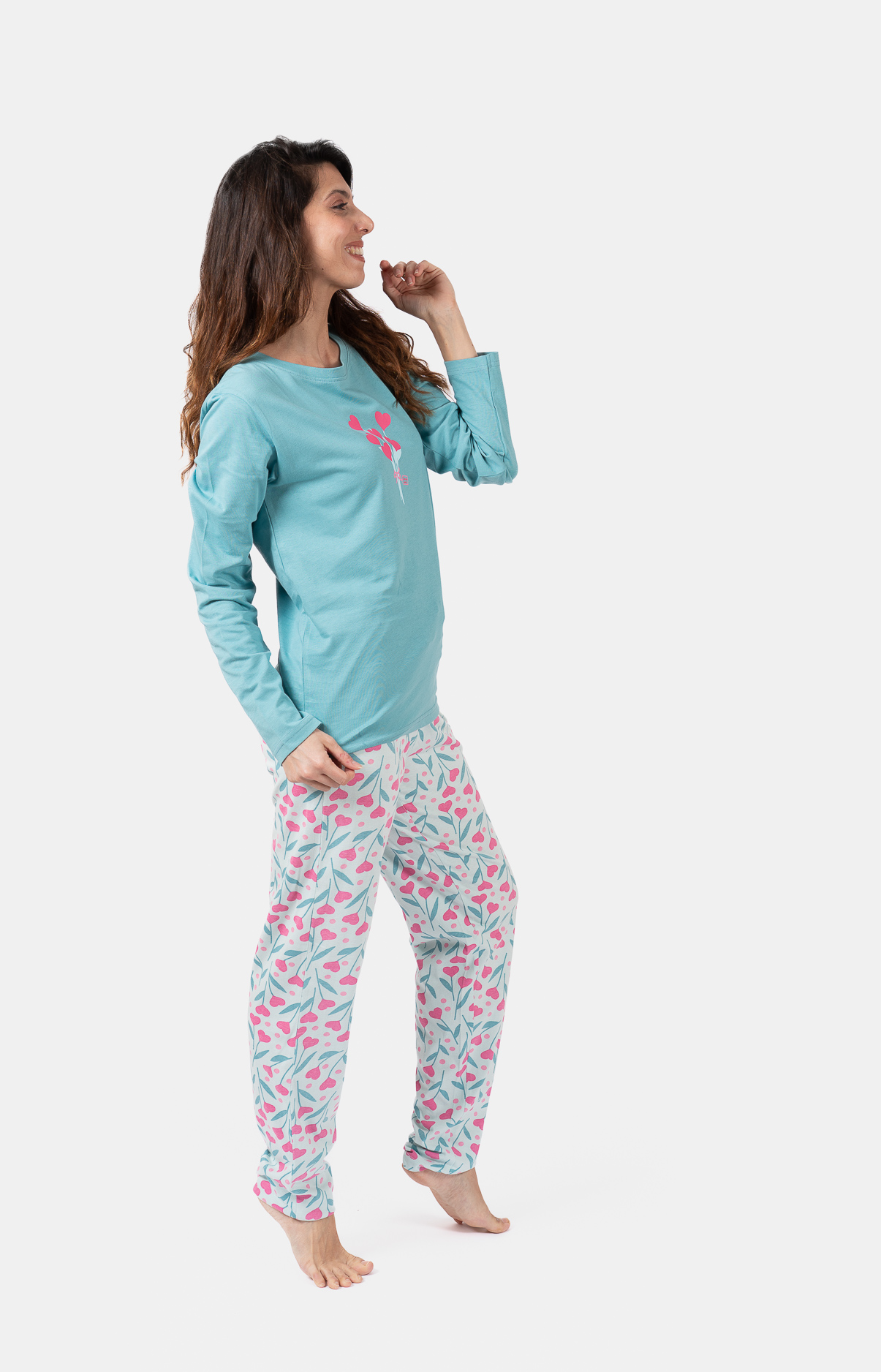 Pyjama Femme long col rond 100% coton- BOUQUET