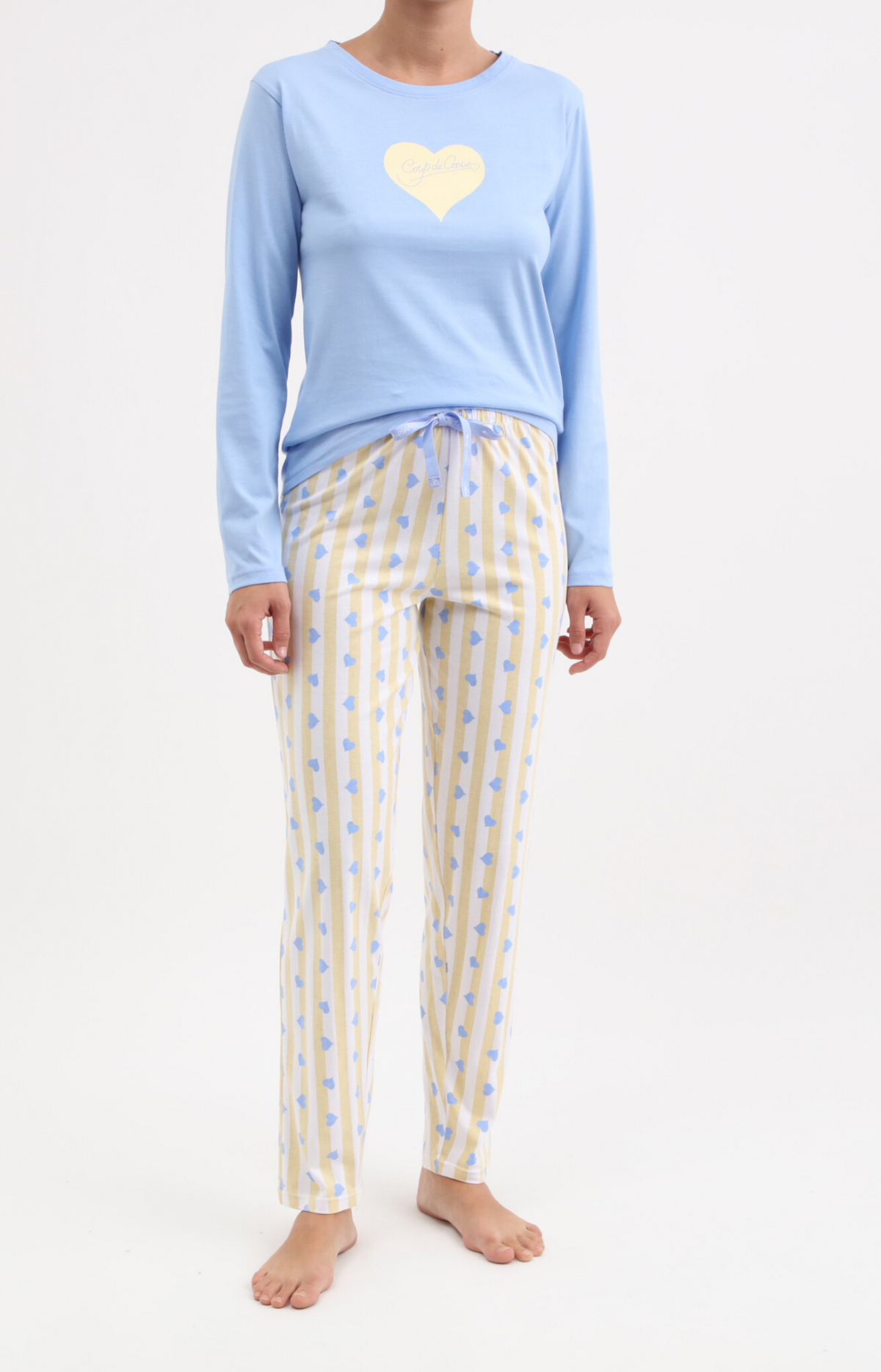 Pyjama Femme long col rond 100% coton- CORAY - Taille 36, Couleur Jaune
