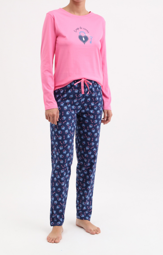 Pyjama Femme long col rond 100% coton- KEYS - Taille 36, Couleur Marine