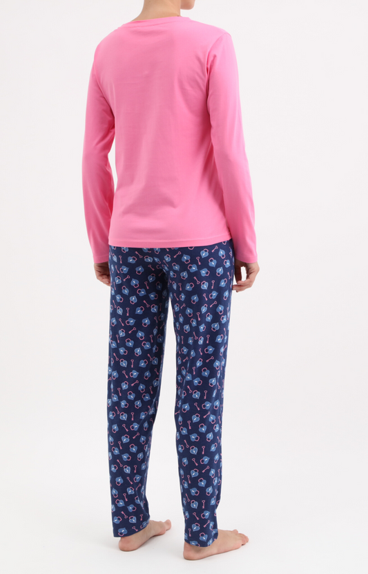 Pyjama Femme long col rond 100% coton- KEYS - Taille 38, Couleur Marine