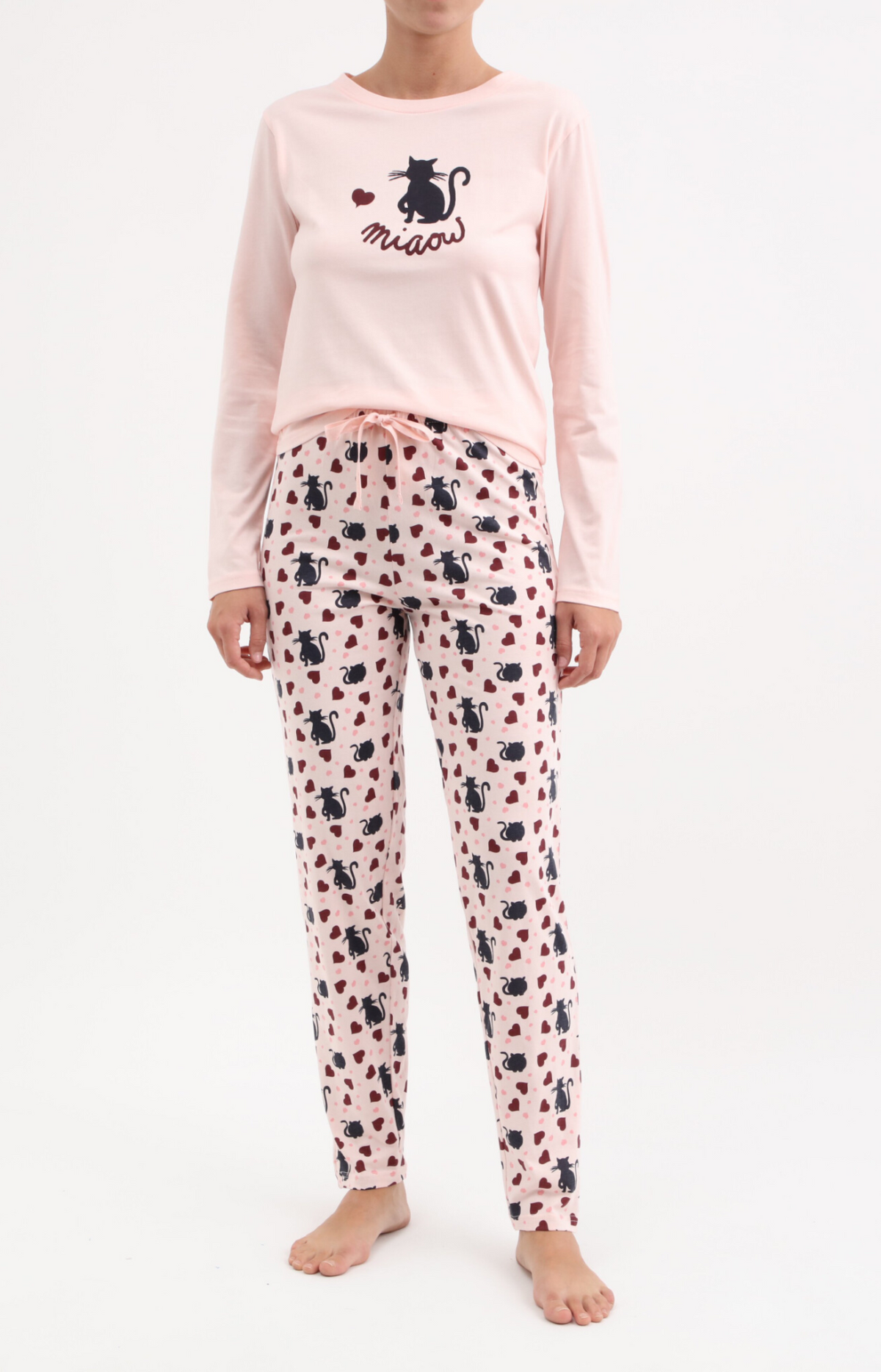 Pyjama Femme long col rond 100% coton- MIAOU - Taille 36, Couleur Rose