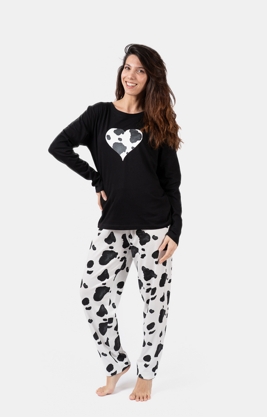 Pyjama Femme long col rond 100% coton- PEAU - Taille 36, Couleur Noir