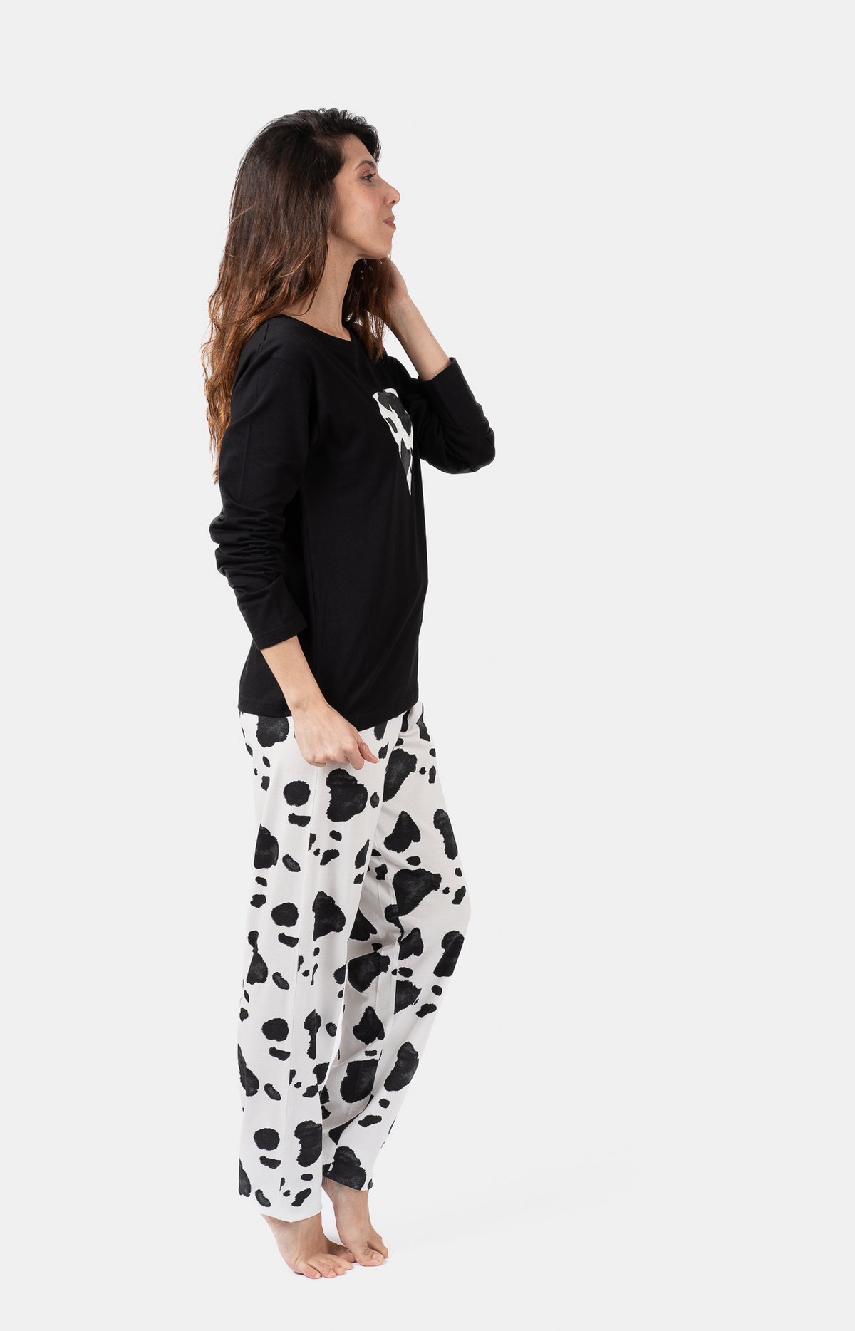 Pyjama Femme long col rond 100% coton- PEAU - Taille 42, Couleur Noir