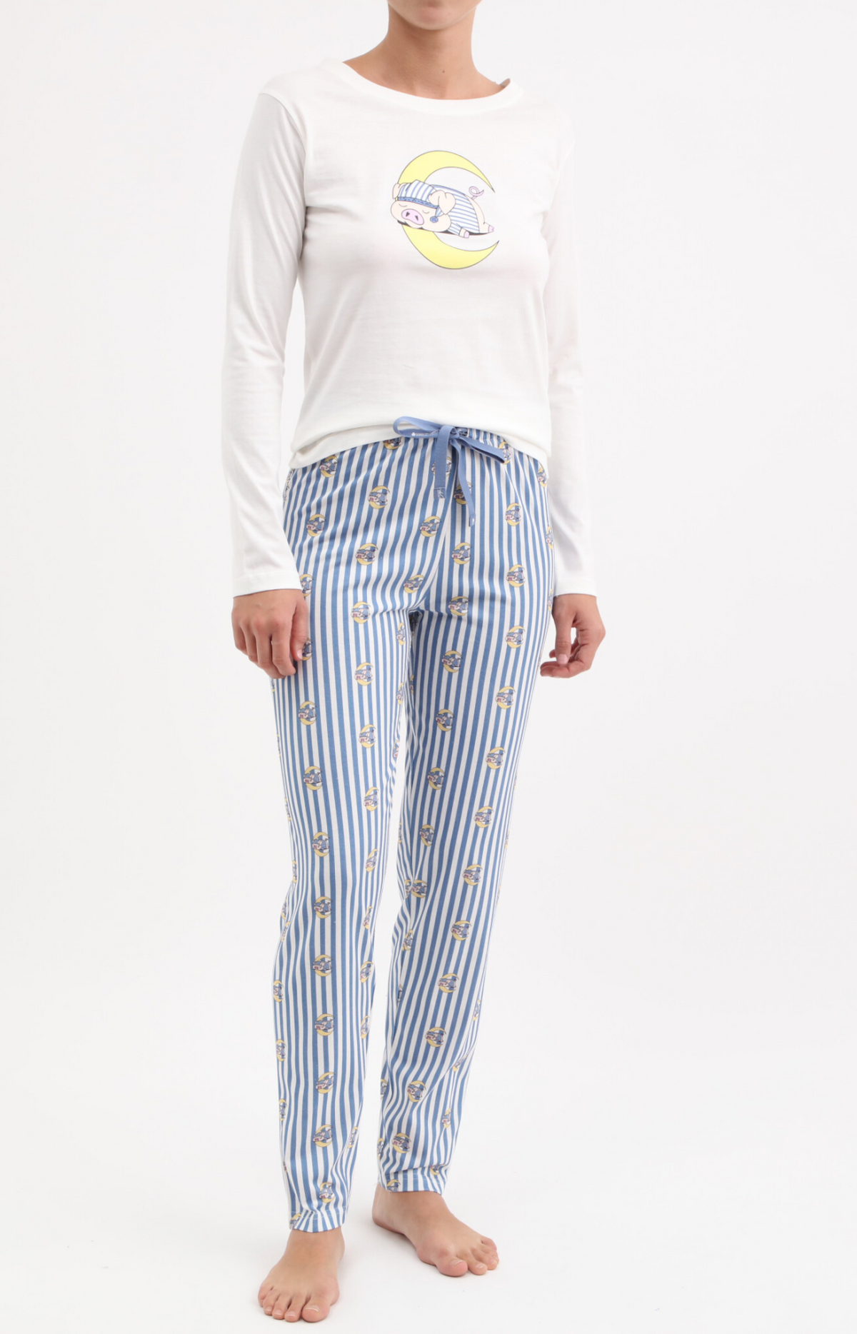 Pyjama Femme long col rond 100% coton- PIG - Taille 36, Couleur Ecru
