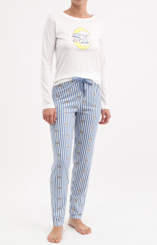 Pyjama Femme long col rond 100% coton- PIG - Taille 36, Couleur Ecru