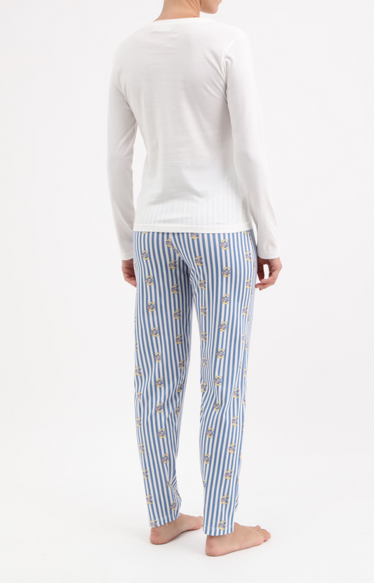 Pyjama Femme long col rond 100% coton- PIG - Taille 38, Couleur Ecru