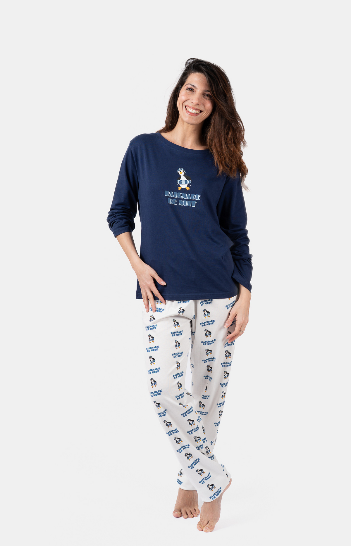 Pyjama Femme long col rond 100% coton- PING - Taille 36, Couleur Marine