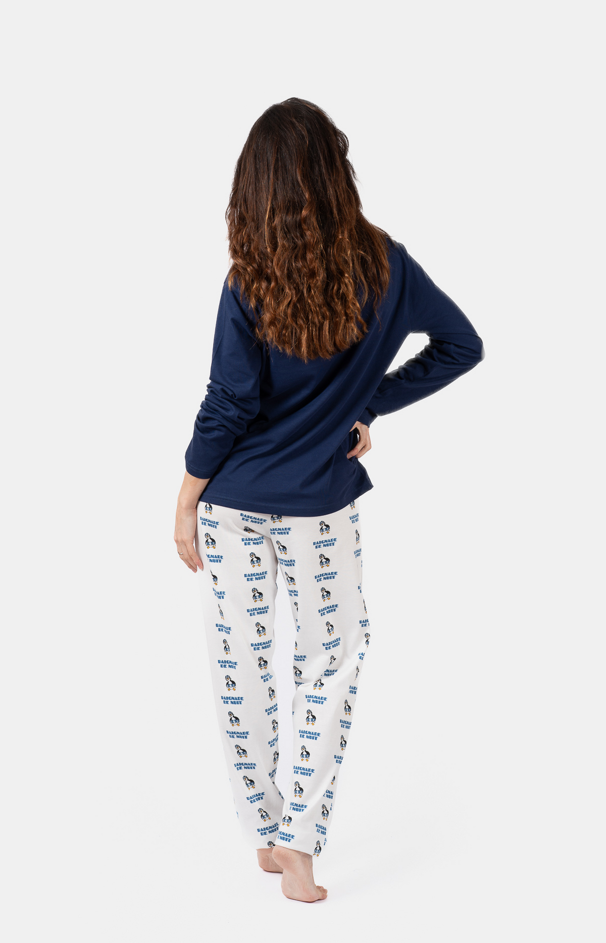 Pyjama Femme long col rond 100% coton- PING - Taille 38, Couleur Marine