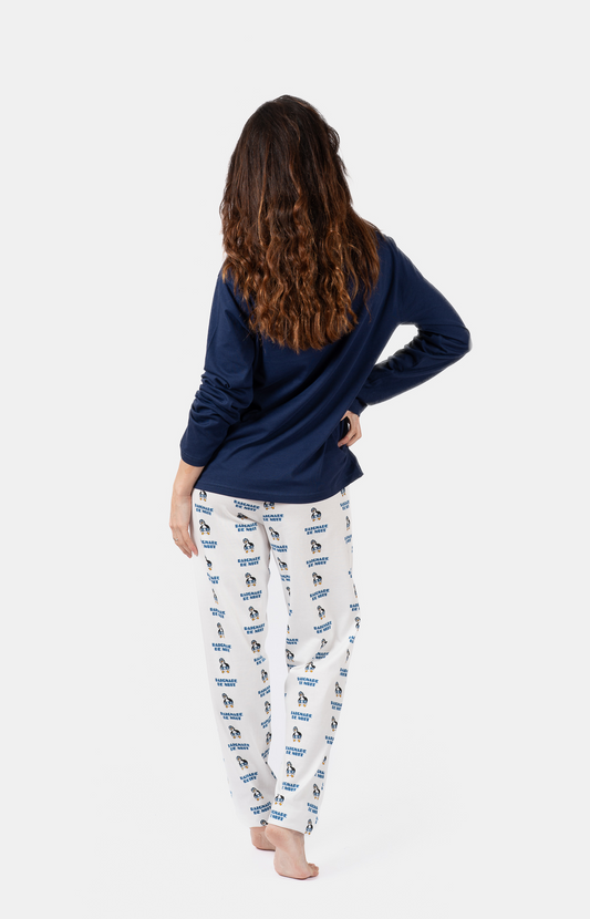 Pyjama Femme long col rond 100% coton- PING - Taille 38, Couleur Marine