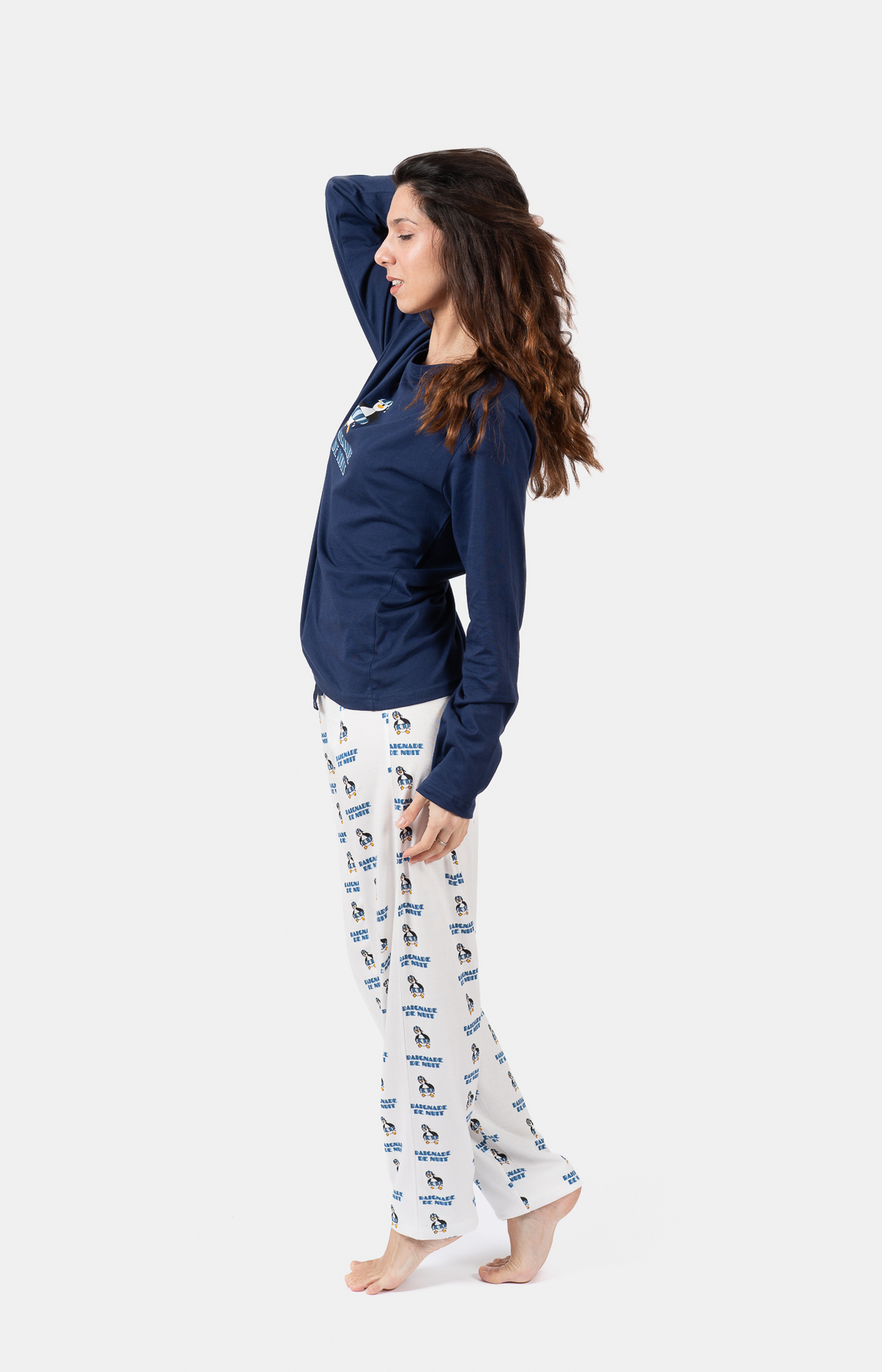 Pyjama Femme long col rond 100% coton- PING - Taille 42, Couleur Marine