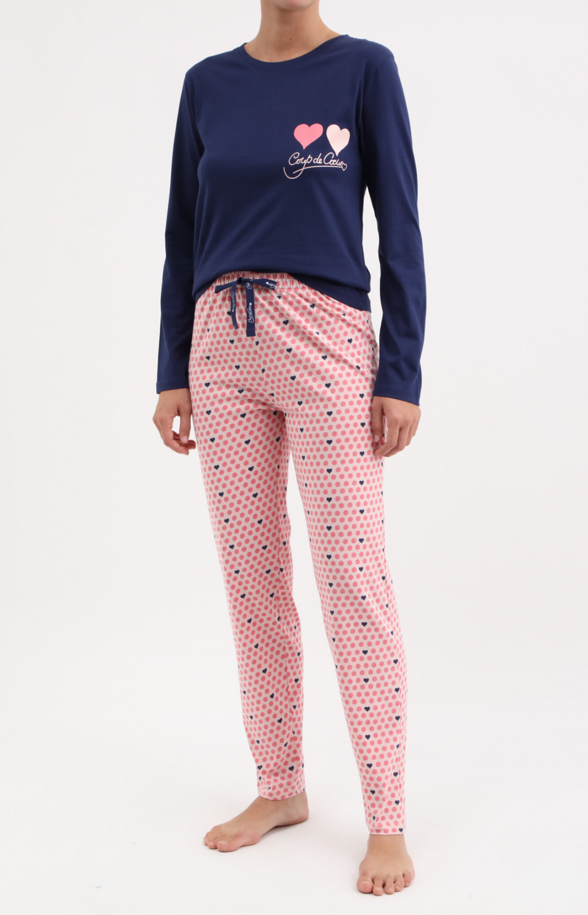 Pyjama Femme long col rond 100% coton- POIS - Taille 36, Couleur Rose