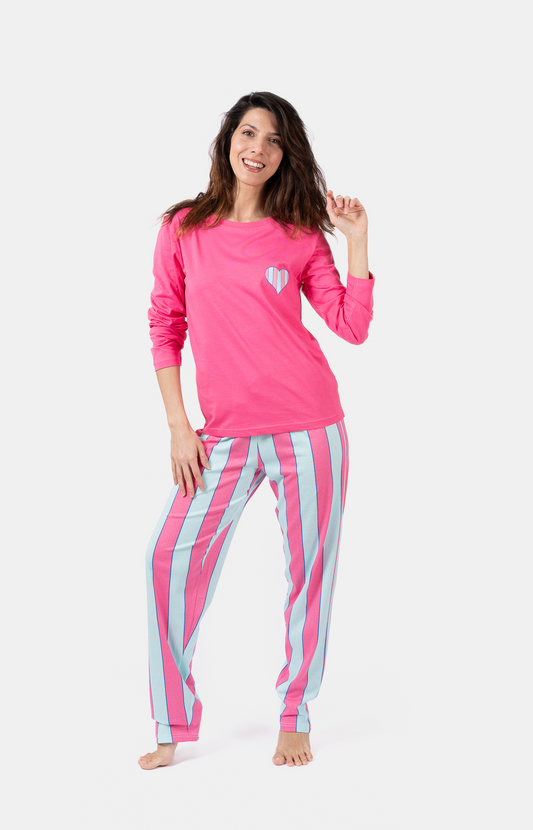 Pyjama Femme long col rond 100% coton- RAYURE
