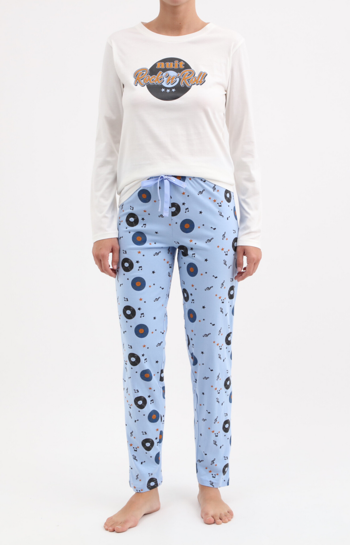 Pyjama Femme long col rond 100% coton- ROCK - Taille 36, Couleur Ciel