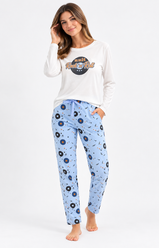 Pyjama Femme long col rond 100% coton- ROCK