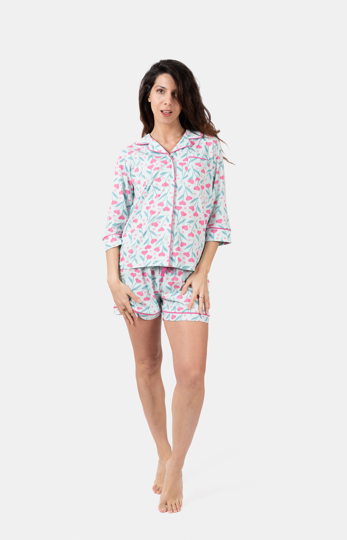Pyjama femme coordonné court et veste boutonnée -100% coton - BOUQUET