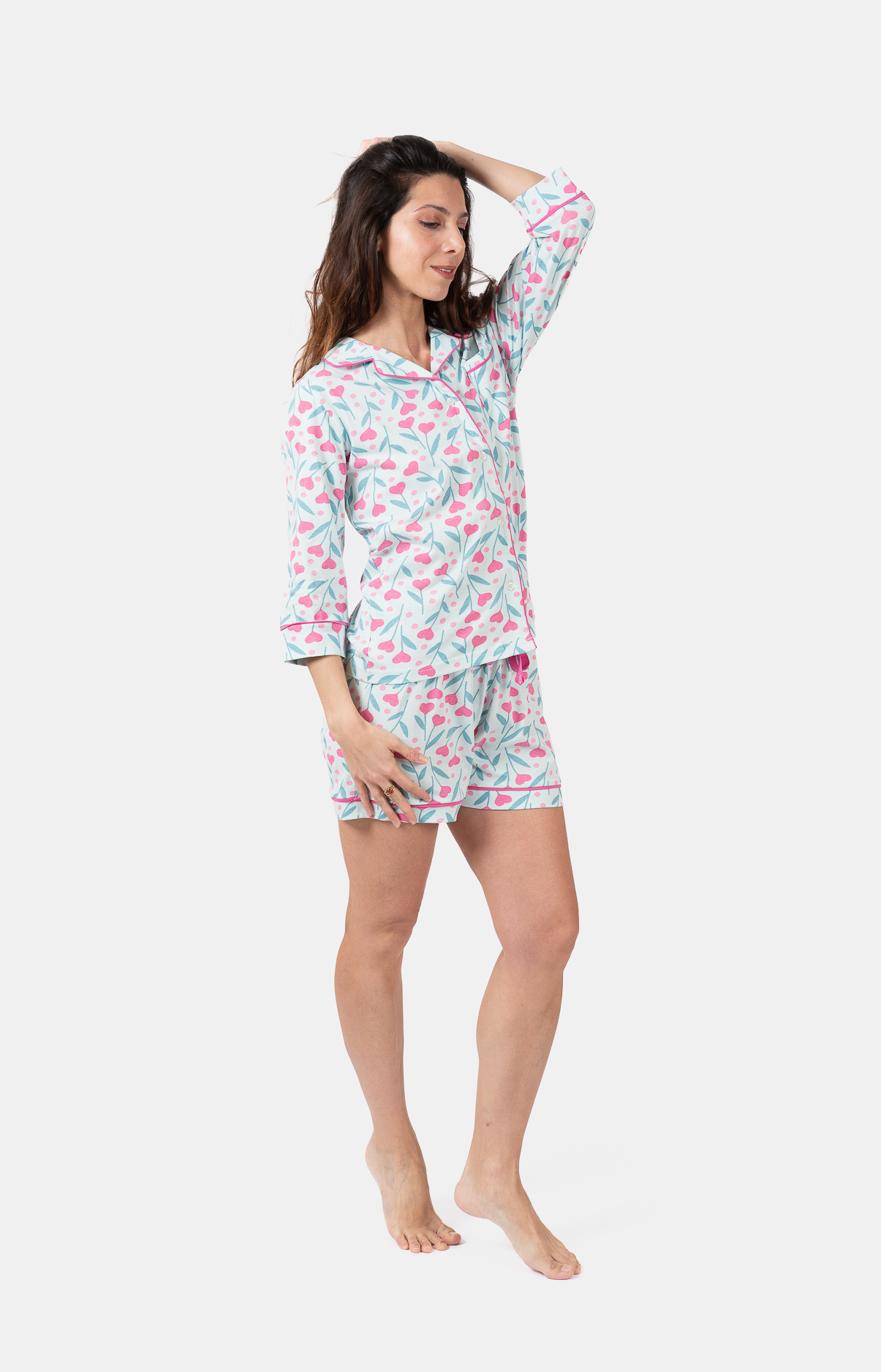 Pyjama femme coordonné court et veste boutonnée -100% coton - BOUQUET