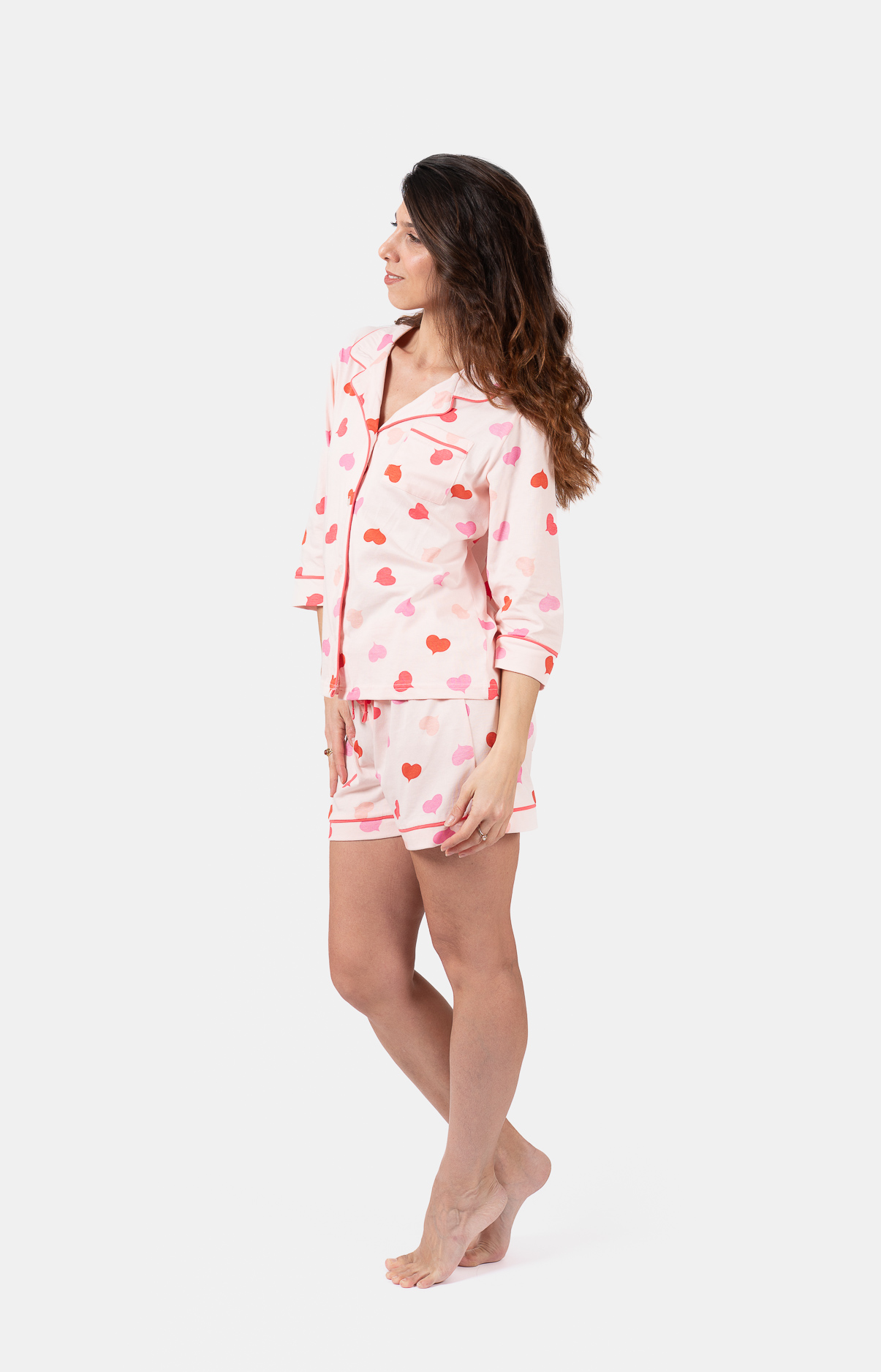 Pyjama femme coordonné court et veste boutonnée -100% coton - COEURS