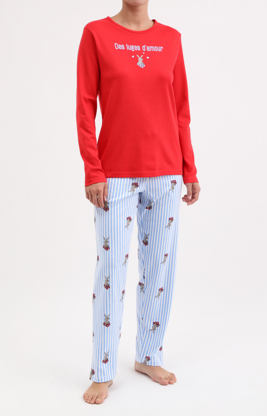 Pyjama Femme long et chaud 100% coton- LUGE - Taille 36, Couleur Rouge