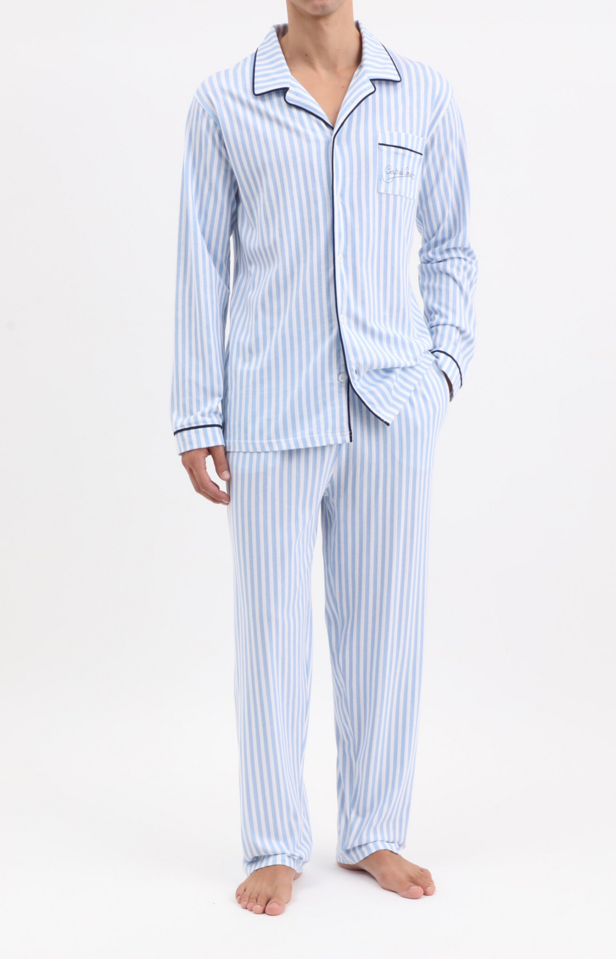 Pyjama long boutonné - RAYE - Taille S, Couleur Ciel