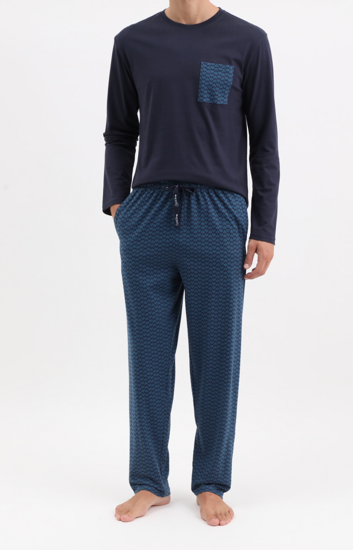 Pyjama homme long col rond - 100% coton - BICOEUR - Taille S, Couleur Marine
